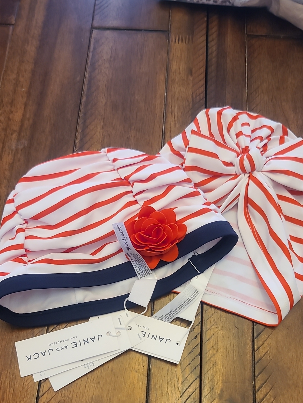 Janie and Jack White & Red Striped Kids Swim Turbans with Red Flower Accent